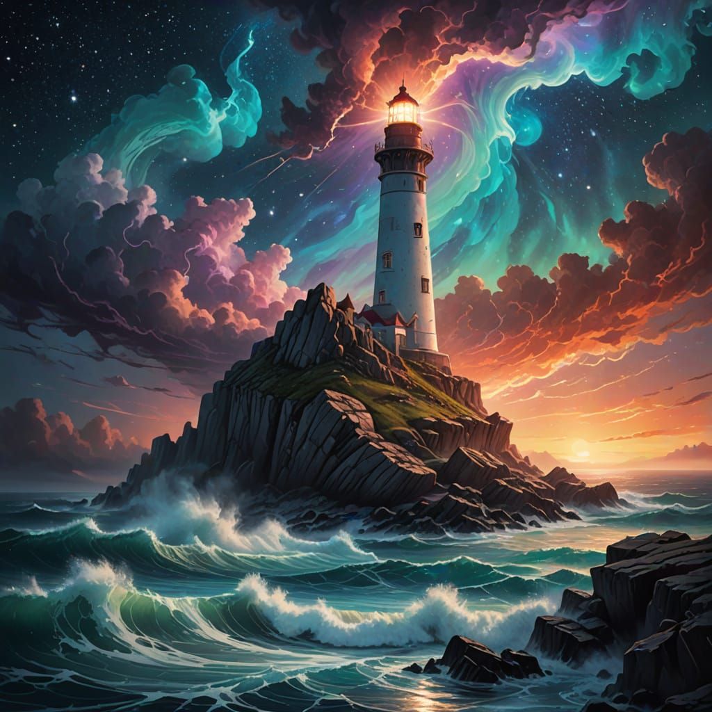 Cosmic Lighthouse on Stormy Nebula Coast
