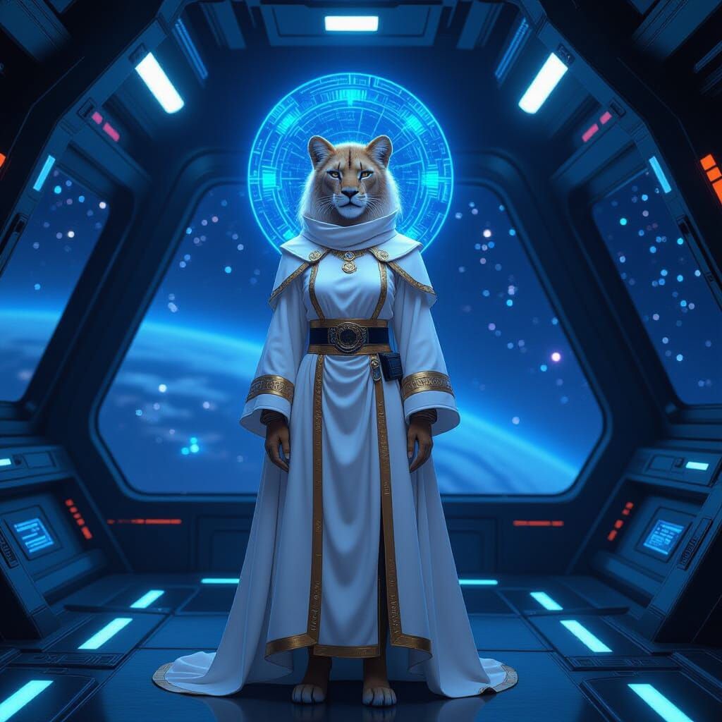 Lyran Lioness Hologram on Galactic Ship in Sci-Fi Style