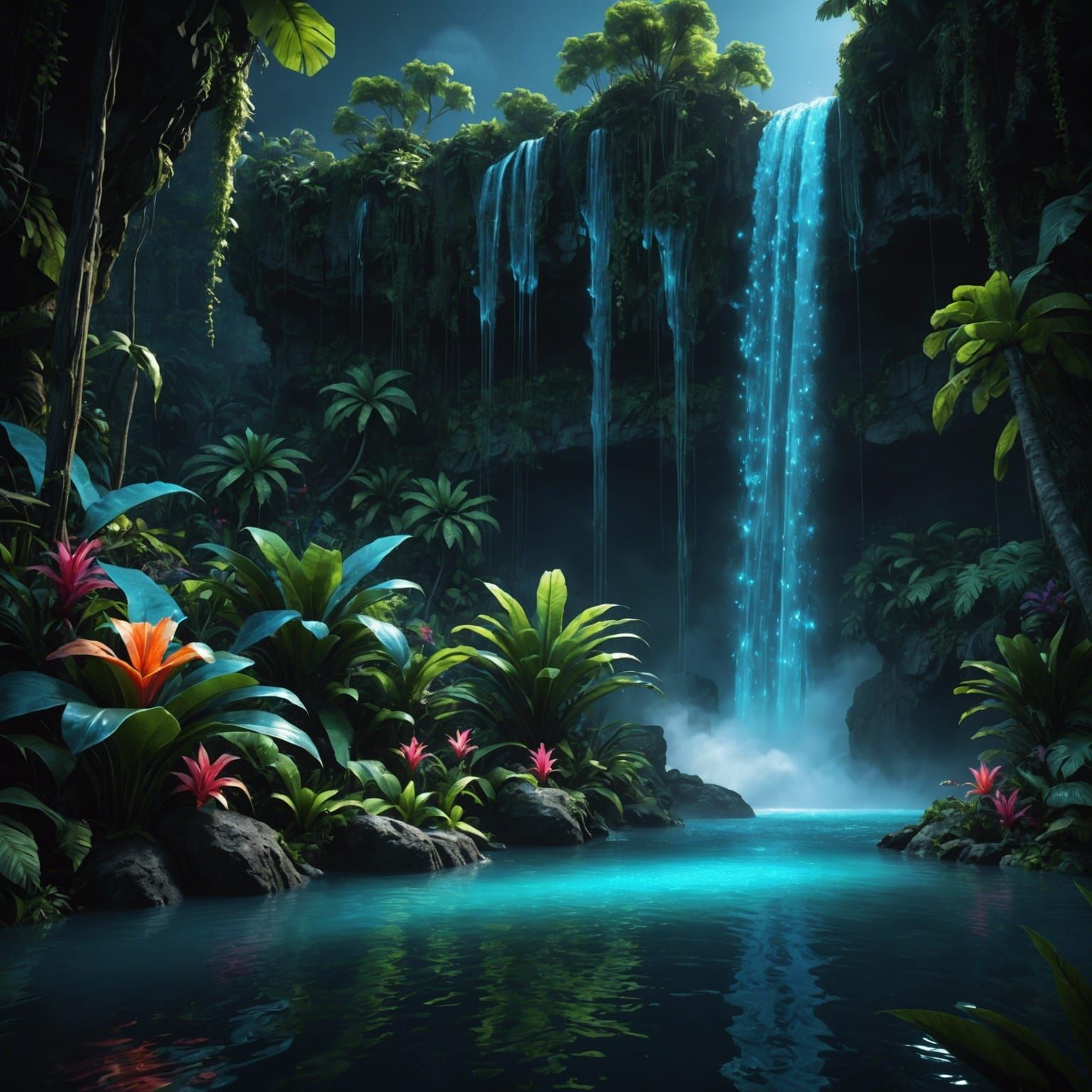 Blue Bioluminescent Waterfall in Lush Lagoon