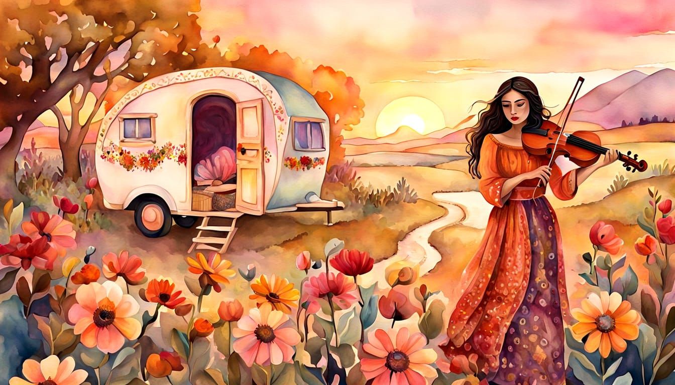 Whimsical Gypsy Caravan in Watercolor Folk Art