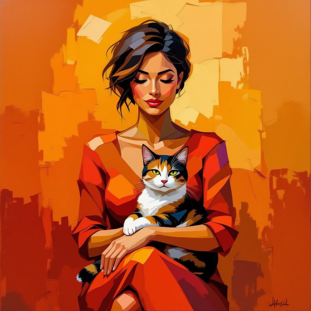 Woman and Cat in Impasto Oil Painting Style