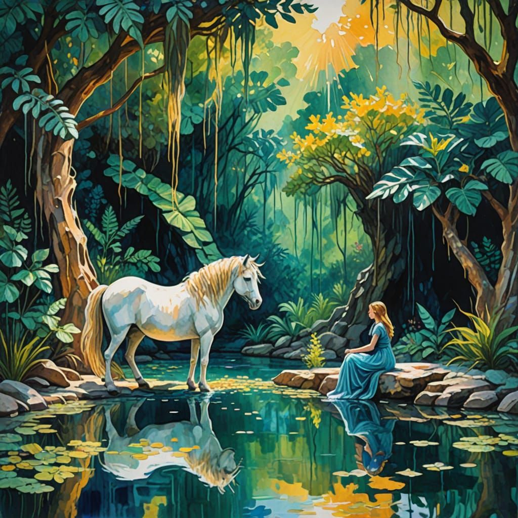 Ethereal Goddess and Unicorn in Vibrant Cenote, in Impressio...