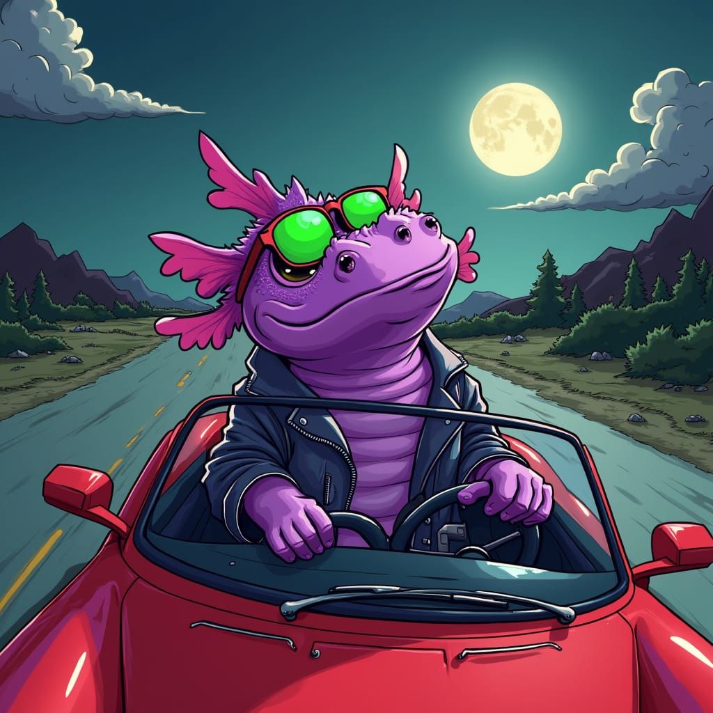 Purple Axolotl Drives Ferrari with Mischief