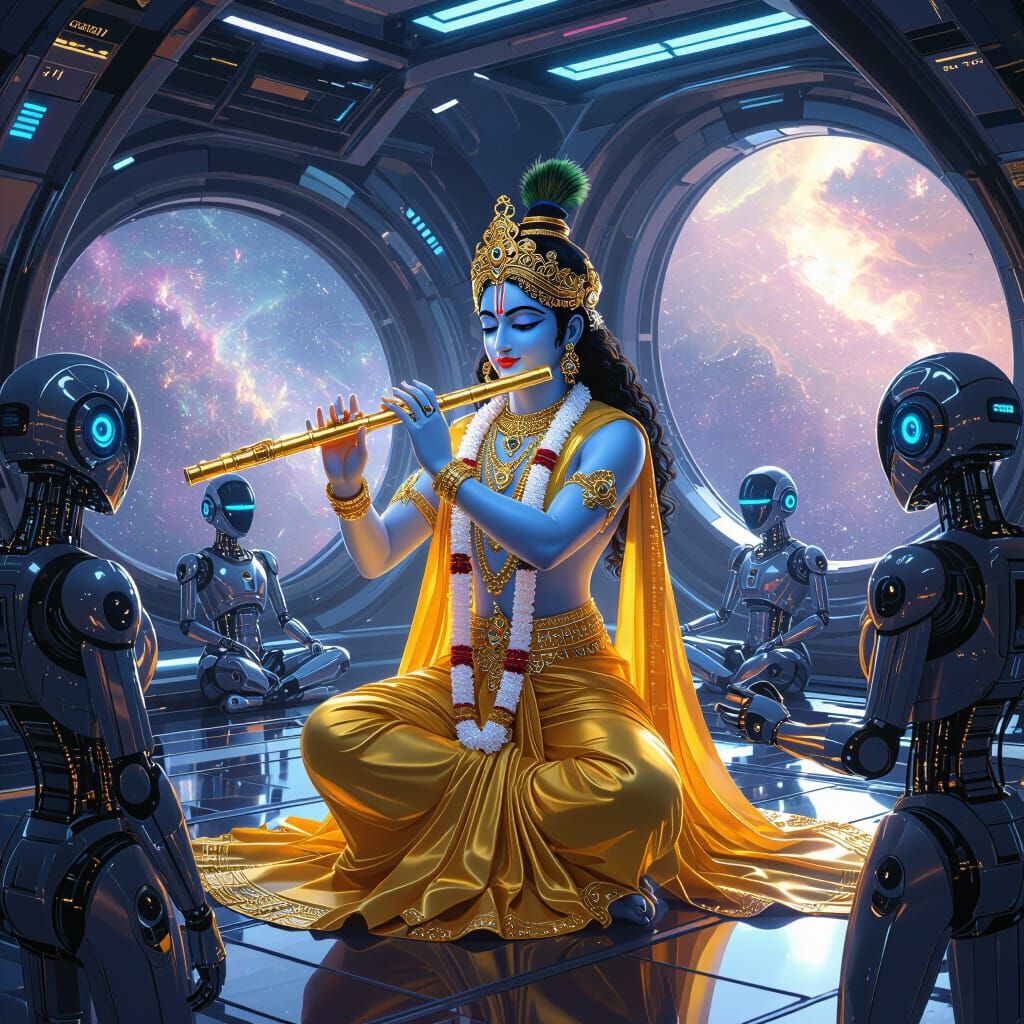 Krishna Plays Flute on Spaceship with Robots