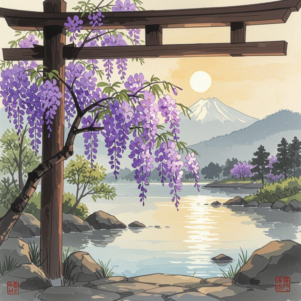 Yamato-e Wisteria Blossoms Under Spring Sun