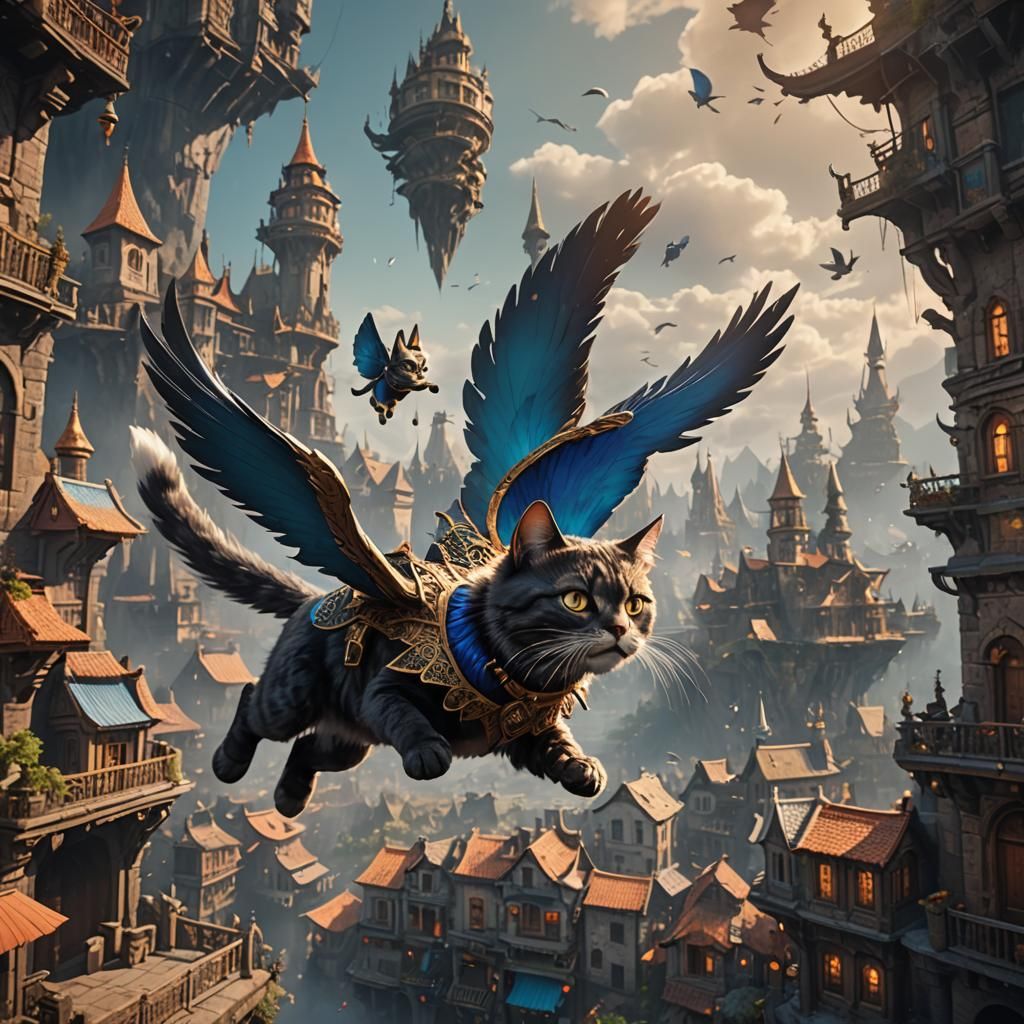 Fantastical Flying Cat in Detailed Matte Painting