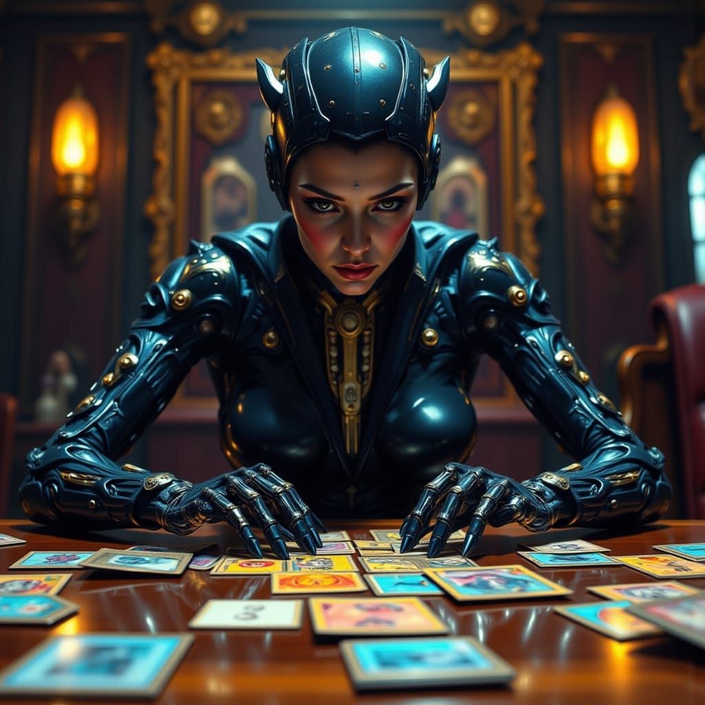 Cyborg Woman Admires Golden Border Trading Cards in Hyper-Re...