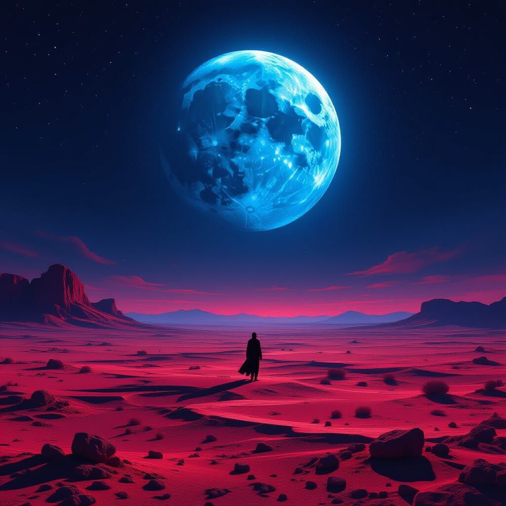 Crimson Landscape Under a Sapphire Moon in Surrealist Style