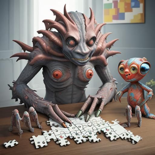 Surreal Creature Assembled from Puzzle Pieces