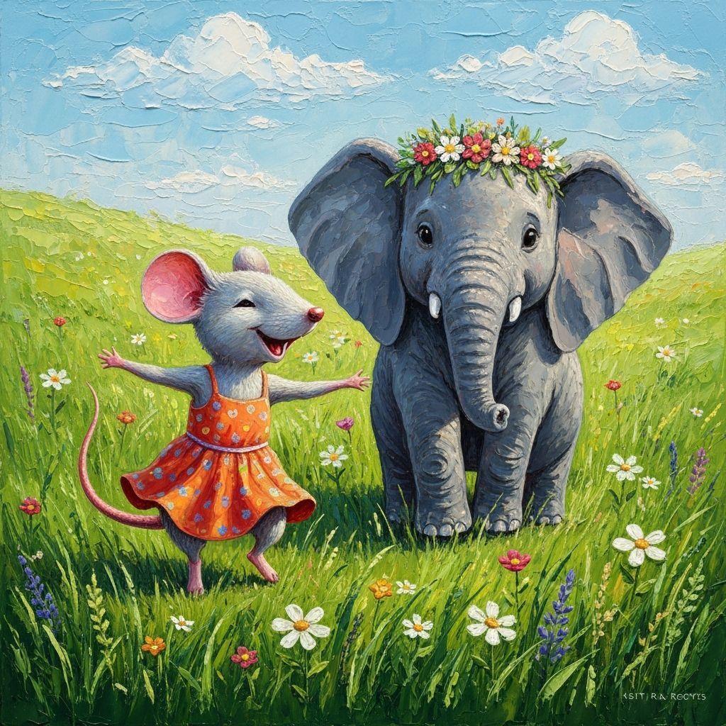 Mouse and Elephant Play in Wildflower Field, Impasto Style