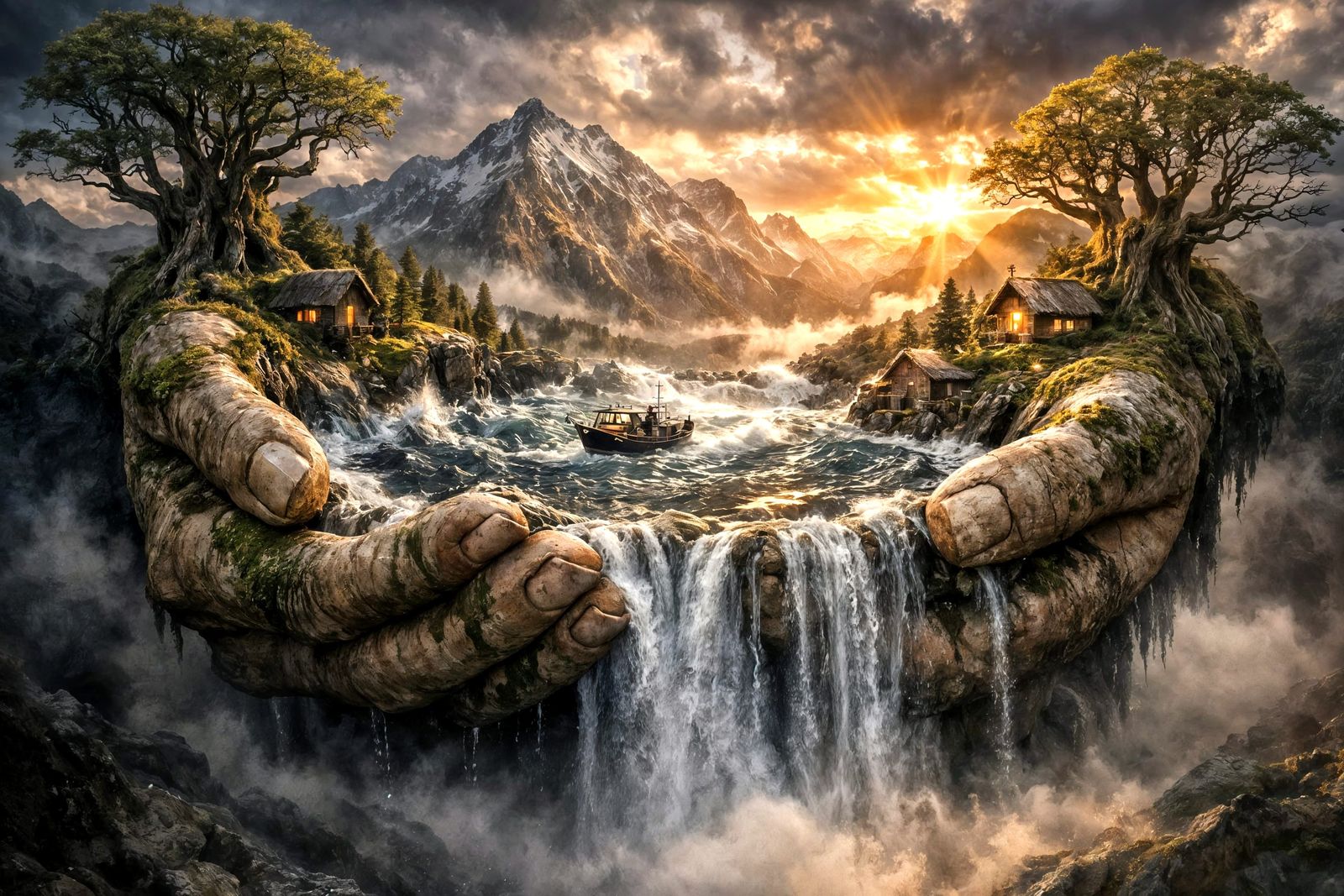 Colossal Hands Cradle Stormy Sea at Sunrise