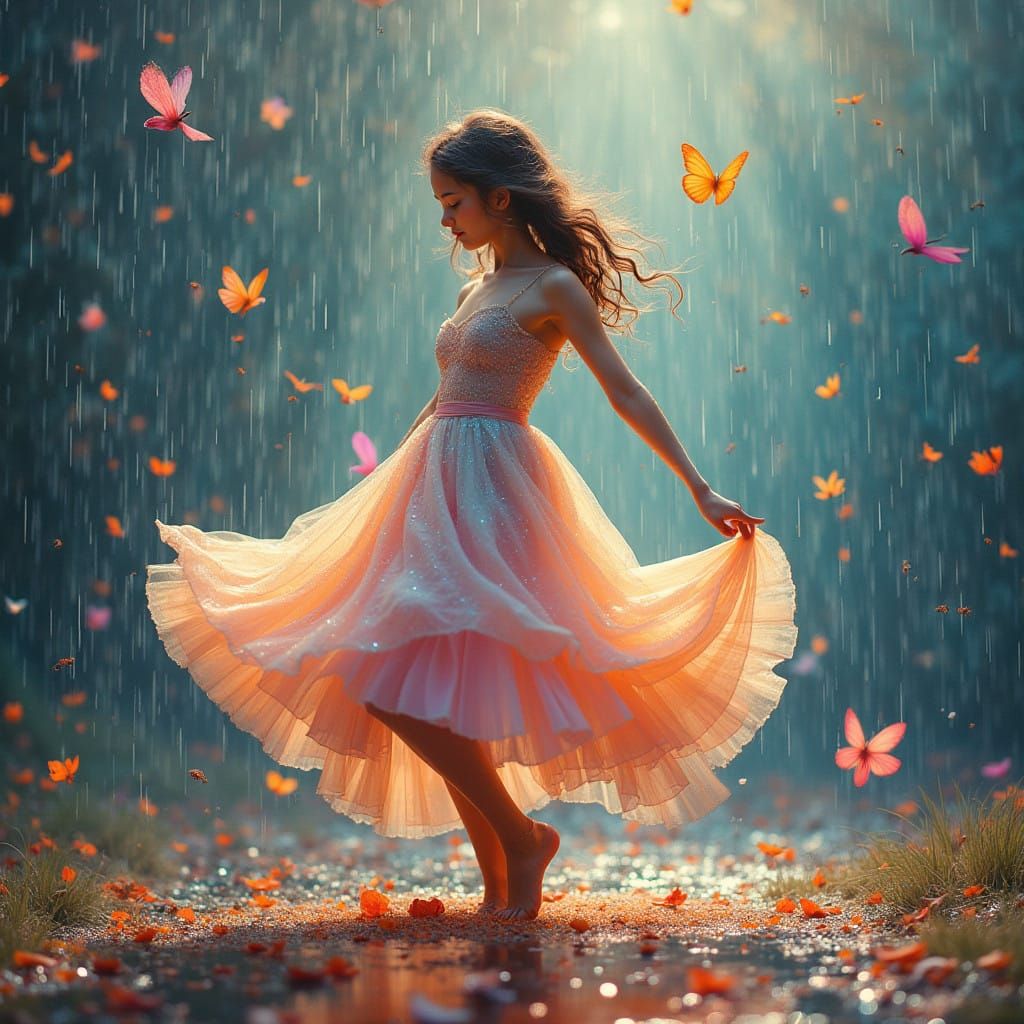 Whimsical Faerie Dancing in Iridescent Rain