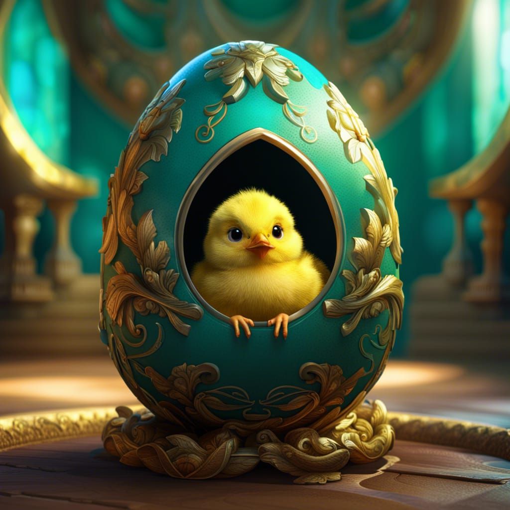 Cute Chick in Teal and Gold Egg: Fantasy Art