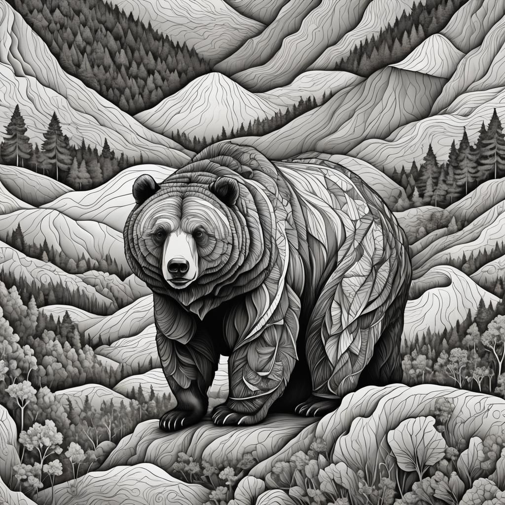 Line Drawing of Bear in Hills with Zentangle