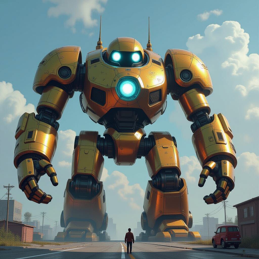 Golden Mechanical Colossus with Electric Claws