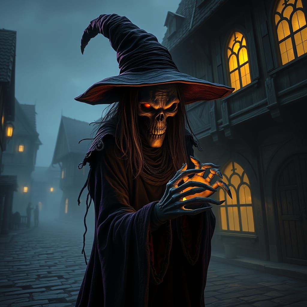 Dark Fantasy Witch Conjures Magic in Medieval Village