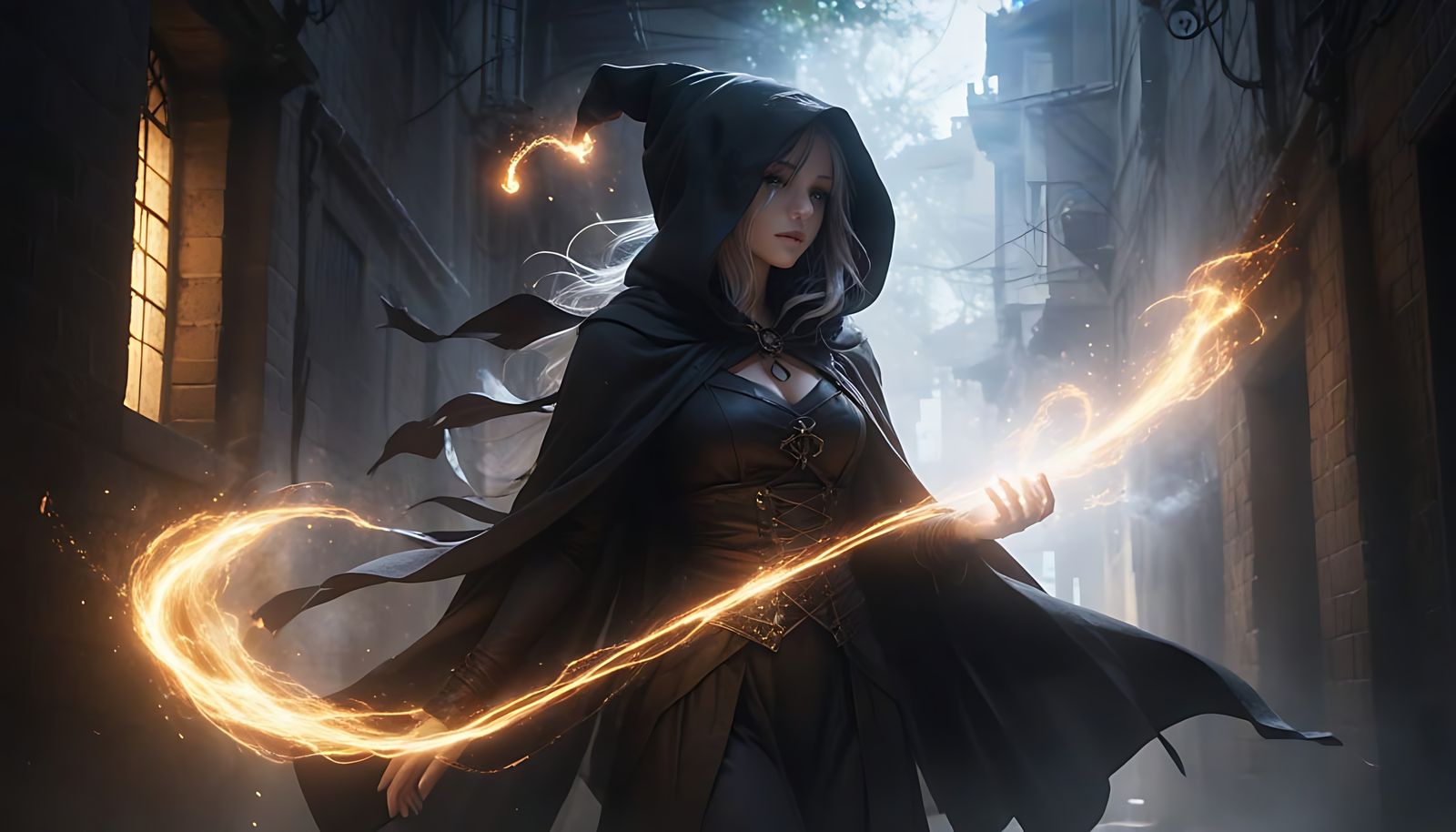 Mysterious Fantasy Witch in a Grand Alleyway