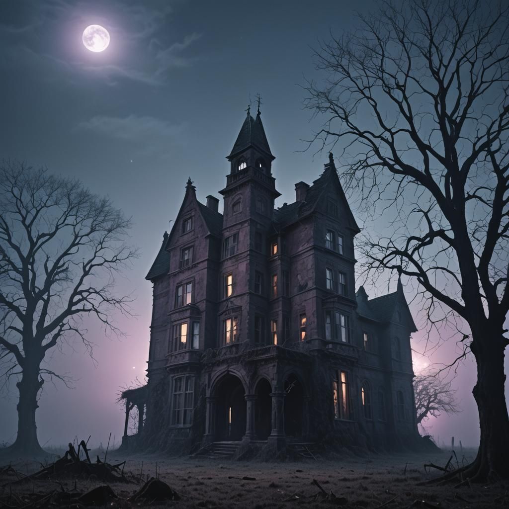 Eerie Ruined Manor Under Moonlight in Dark Fantasy Style