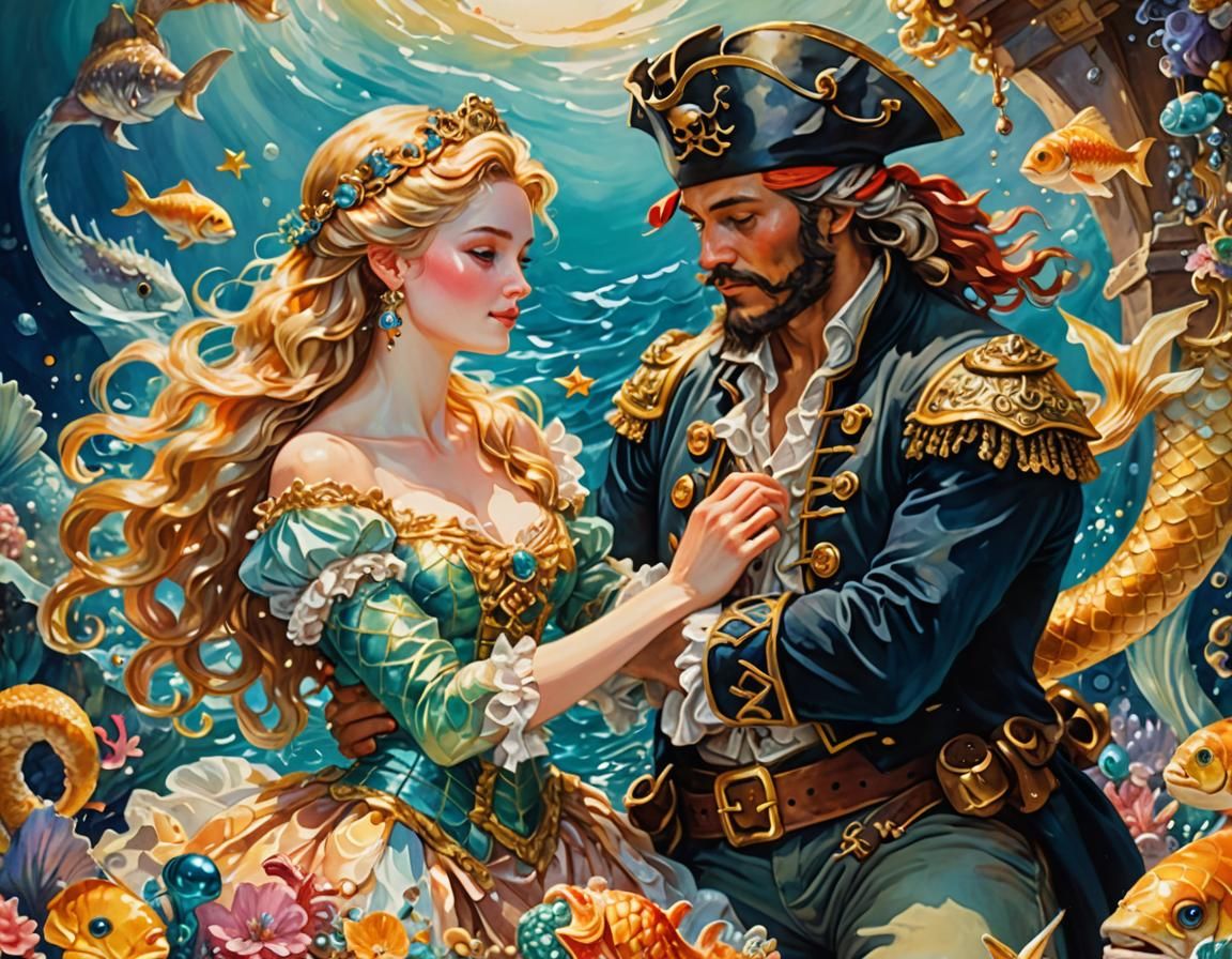 Pirate King and Mermaid Queen Embrace in Gouache