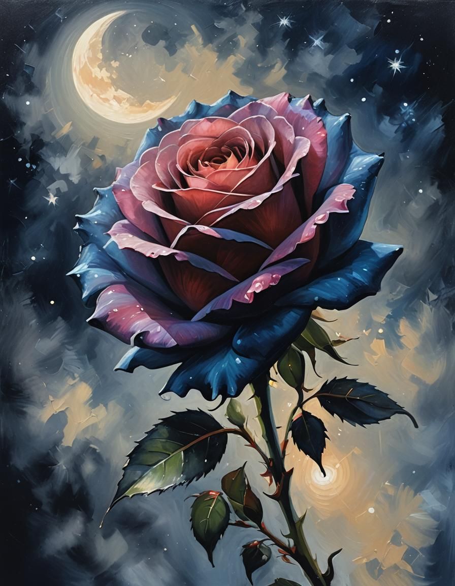 Glowing Rose in Moonlight: Impressionist Oil Painting
