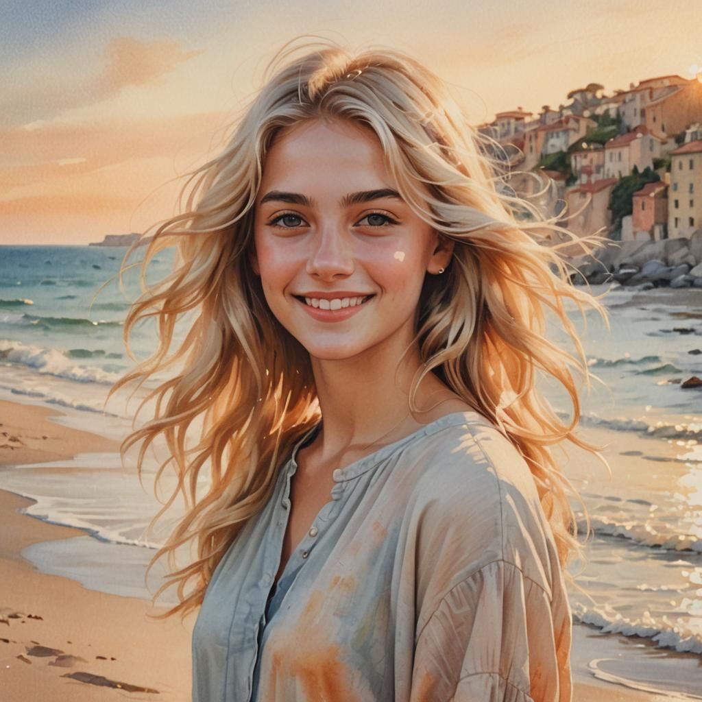 Blonde Woman Portrait on Beach in Renaissance Style