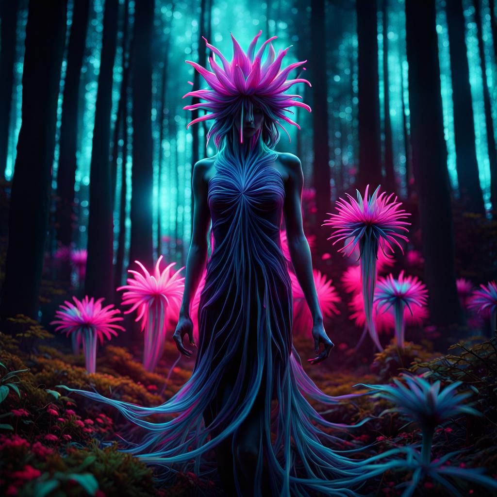 Ethereal Fluorescent Flower in Horror Forest