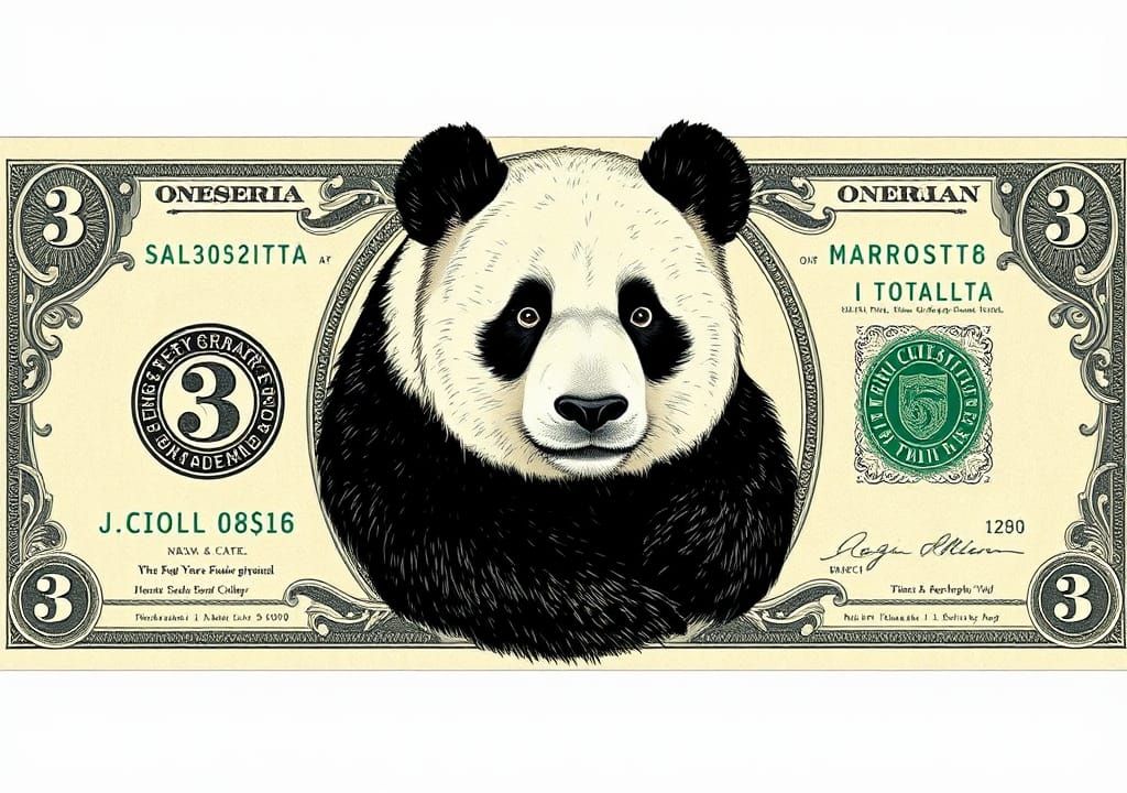 Panda Adorns Three-Dollar Bill: Vintage Currency Art