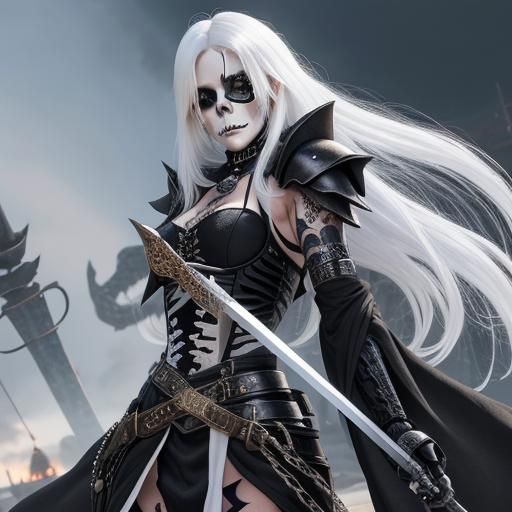 Woman with Skeleton Tattoo, Black Armor, and Roses