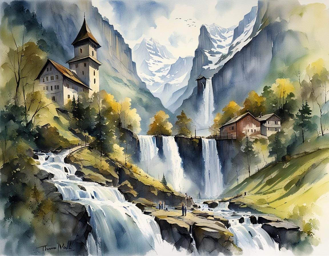 Lauterbrunnen Waterfalls: Intricate Watercolor Landscape