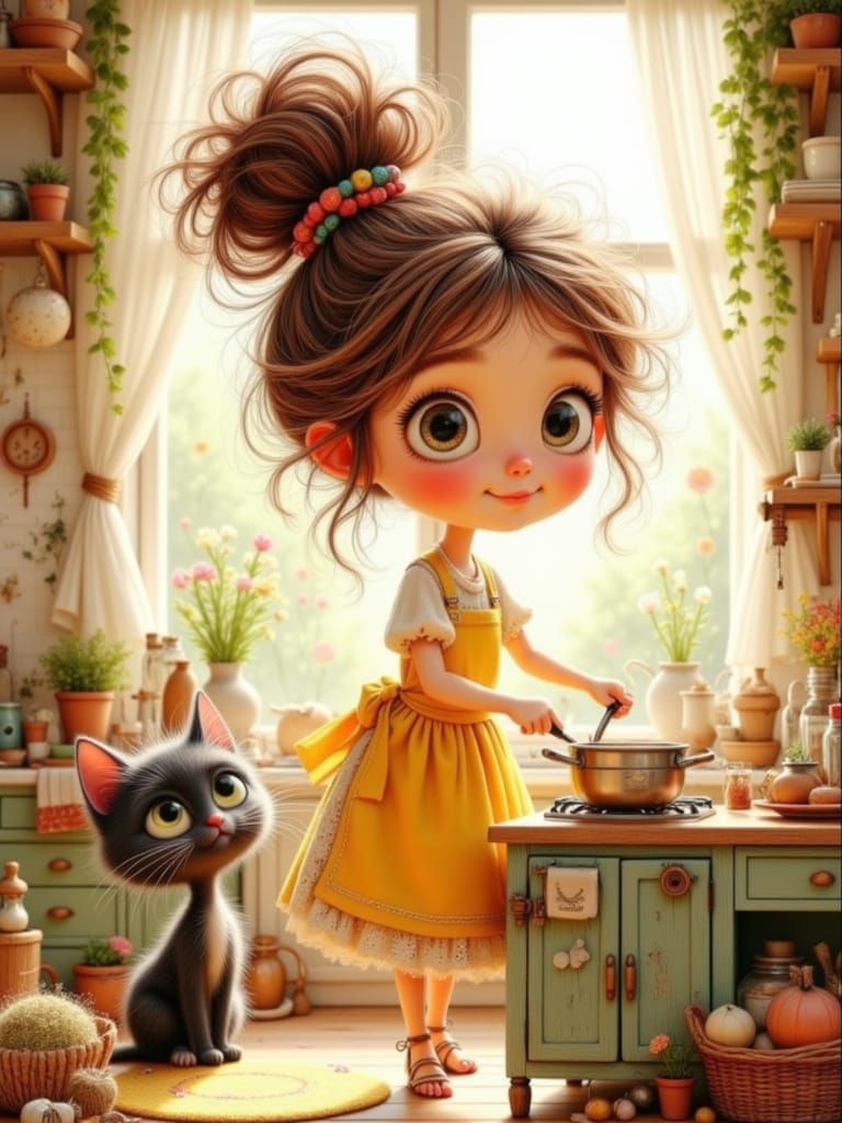 Whimsical Girl and Cat in Cozy Kitchen