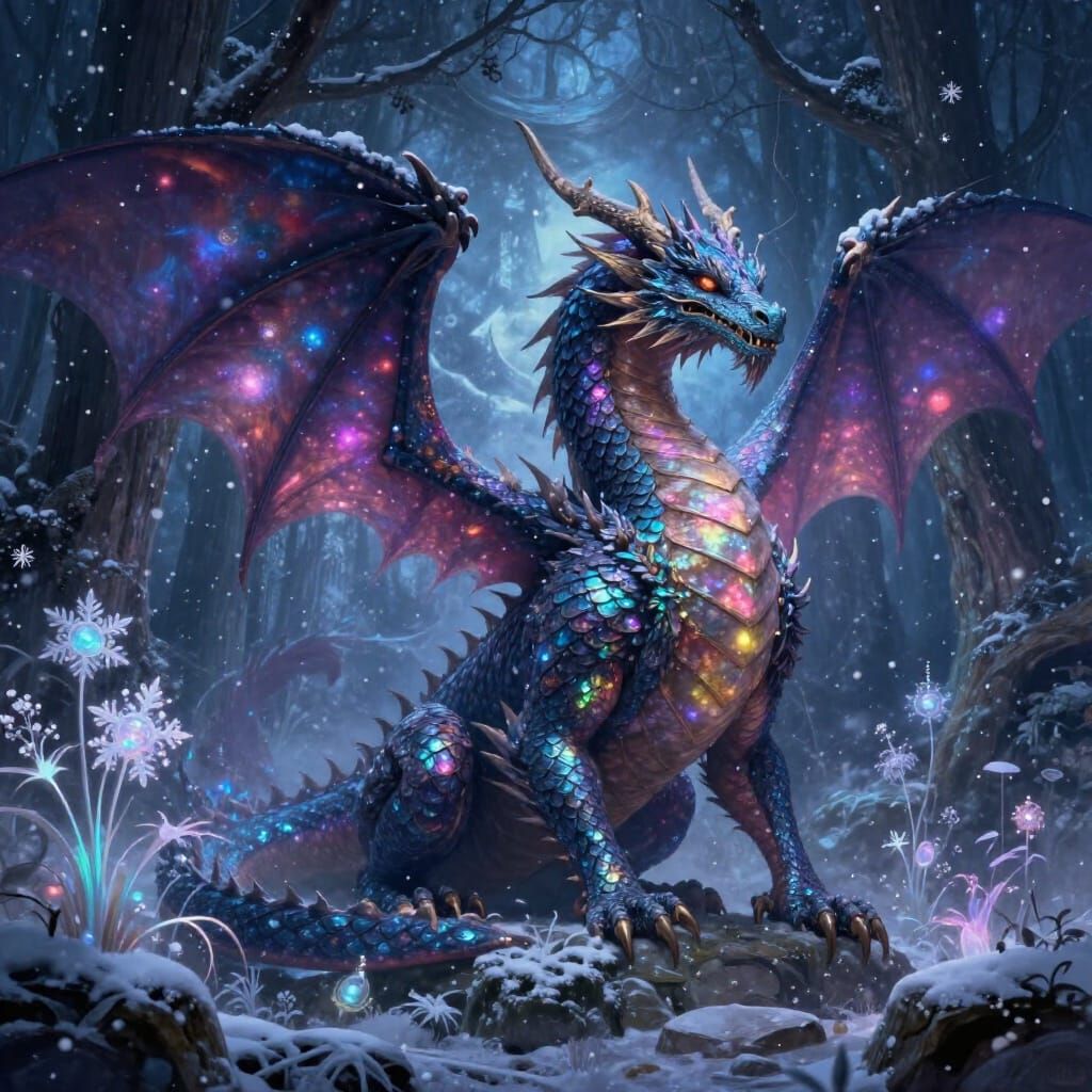 Cosmic Dragon Guards Enchanted Forest in Digital Painting St...