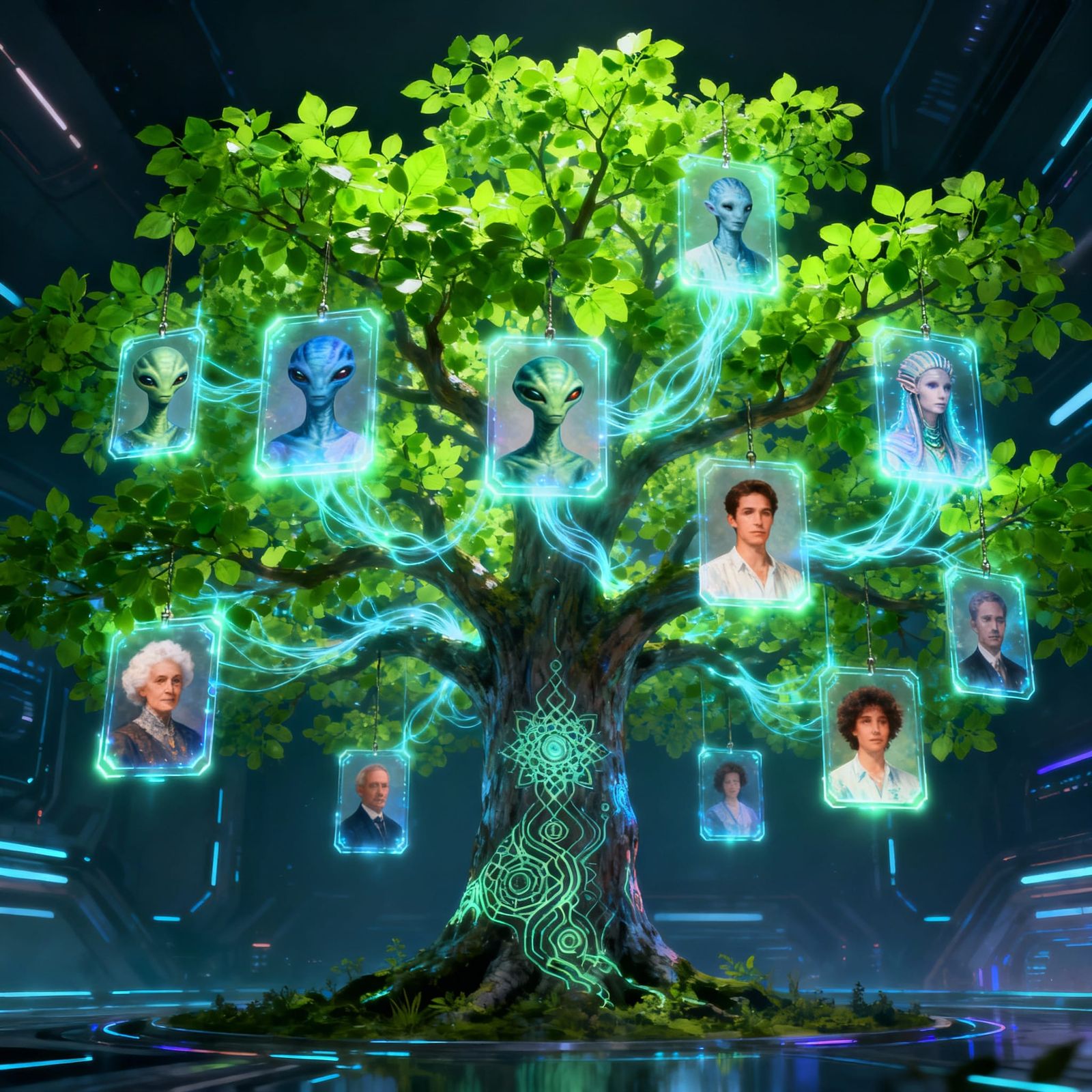 Futuristic Holographic Family Tree with Sci-Fi Portraits