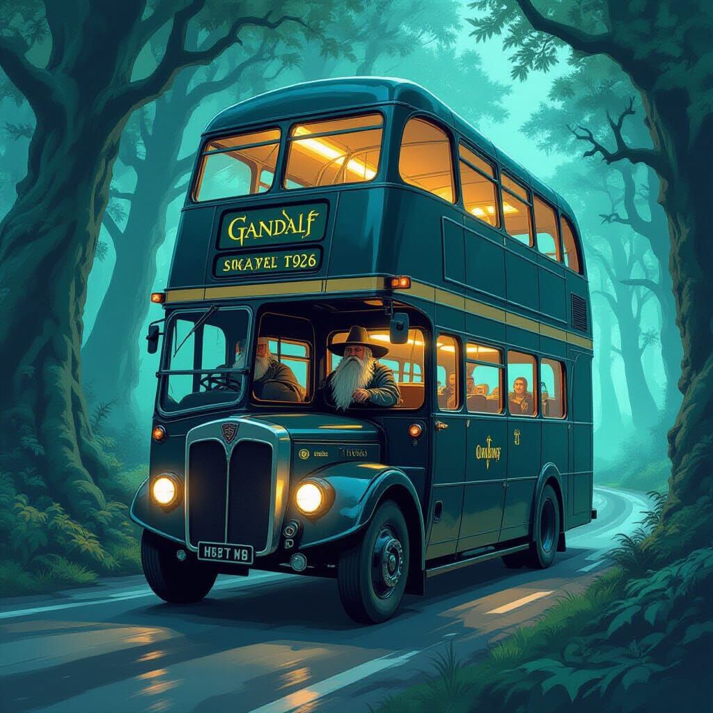 Gandalf Drives Magical Bus Through Glowing Forest