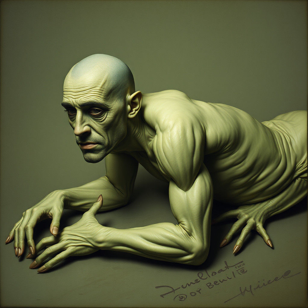 Grotesque Man Transformed into Slug Creature