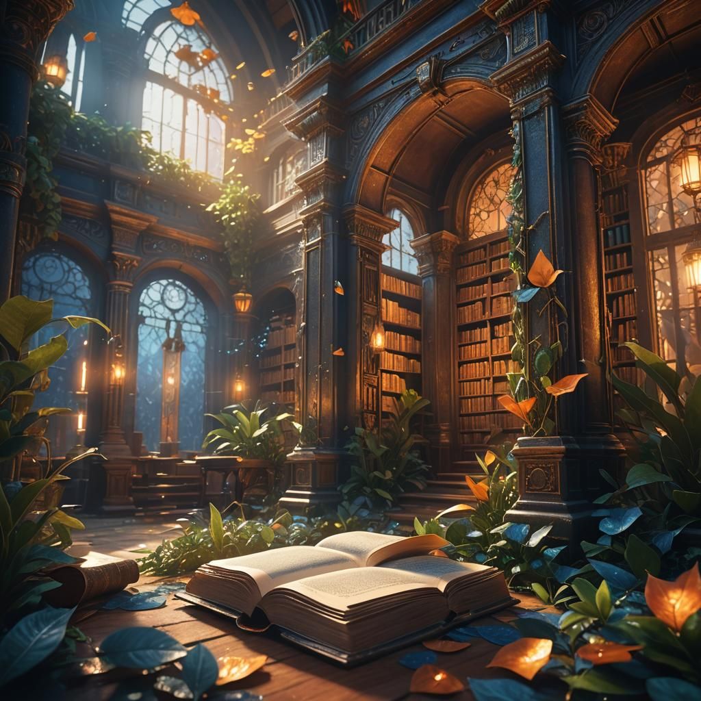 Mystical Library: Plants Unfolding from Magical Book
