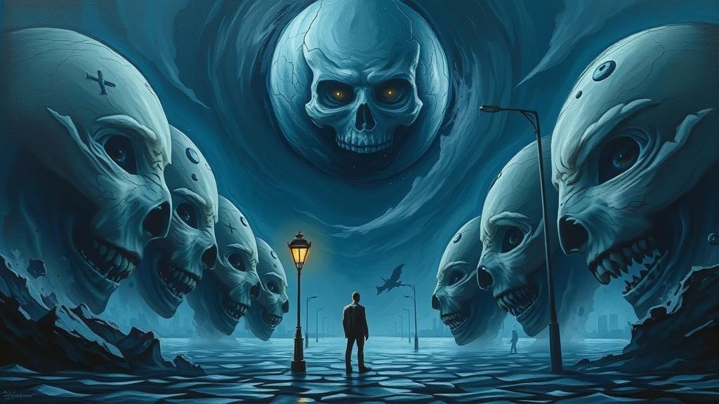 Surreal Figure in Chaotic Cityscape Nightmare