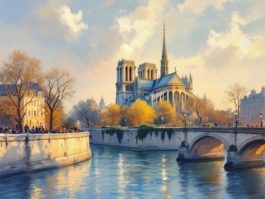 Golden Light on Notre Dame in Impressionist Style