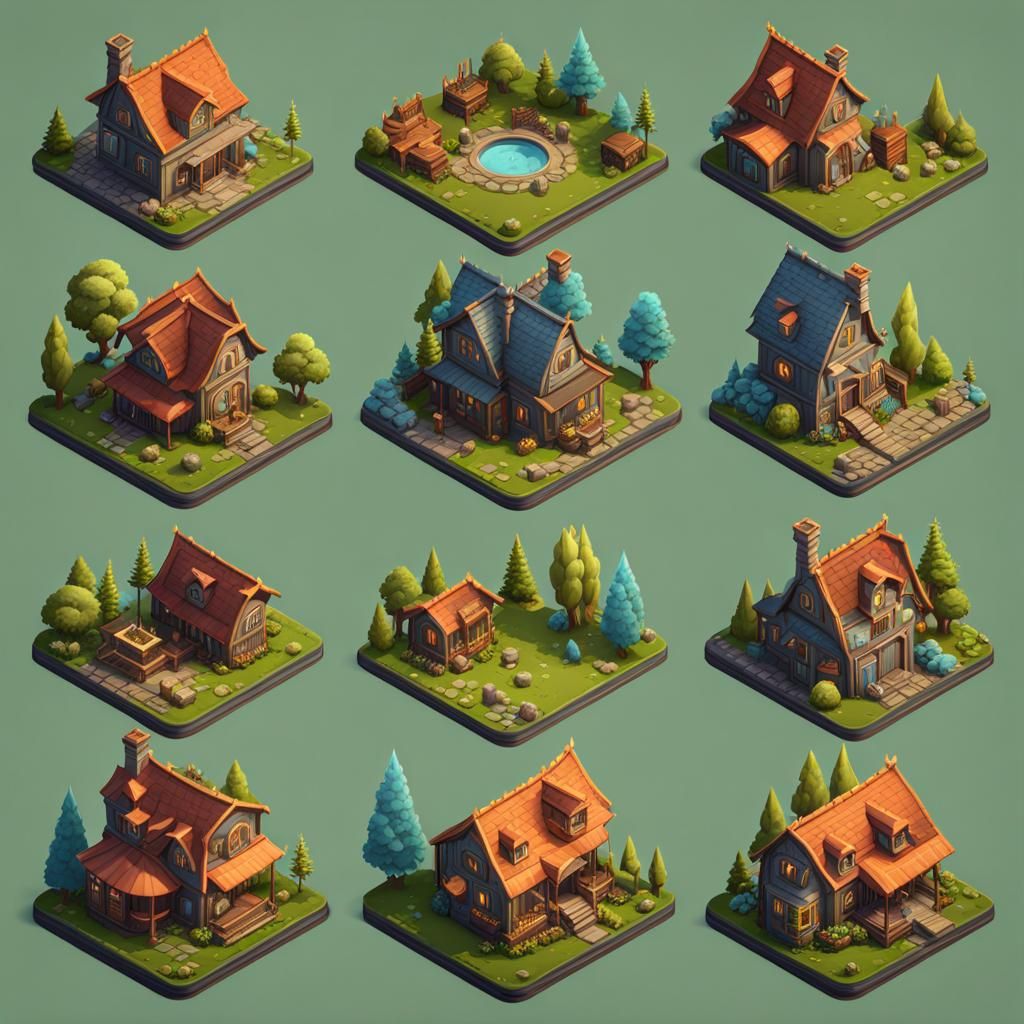 Isometric Houses for Gaming Assets in Detailed Matte Style
