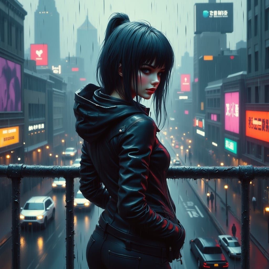 Cyberpunk Sci-Fi Warrior in Neon-Lit Cityscape