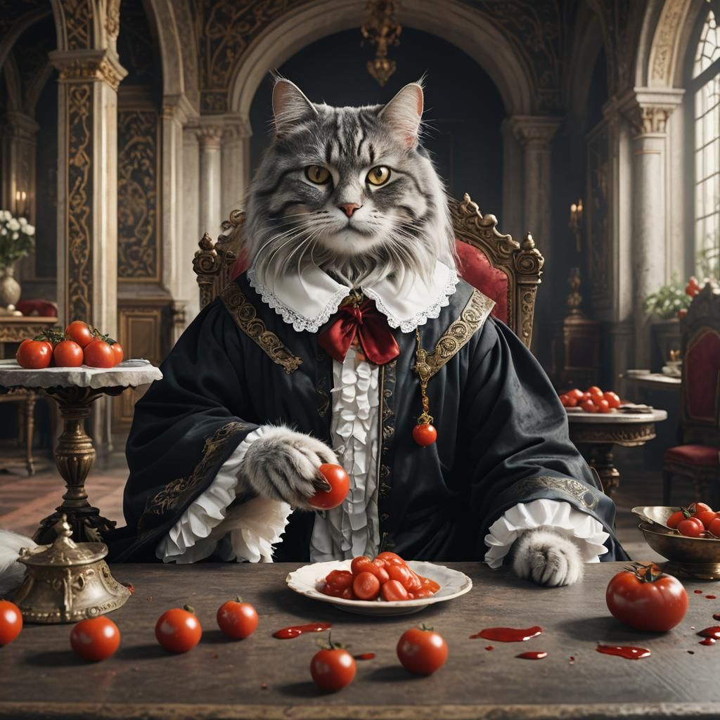 Noble Cat in Royal Robe Chewing Tomatoes