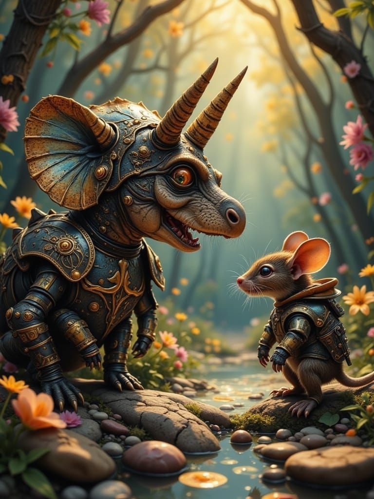 Baby Triceratops vs Mouse Knight in Forest