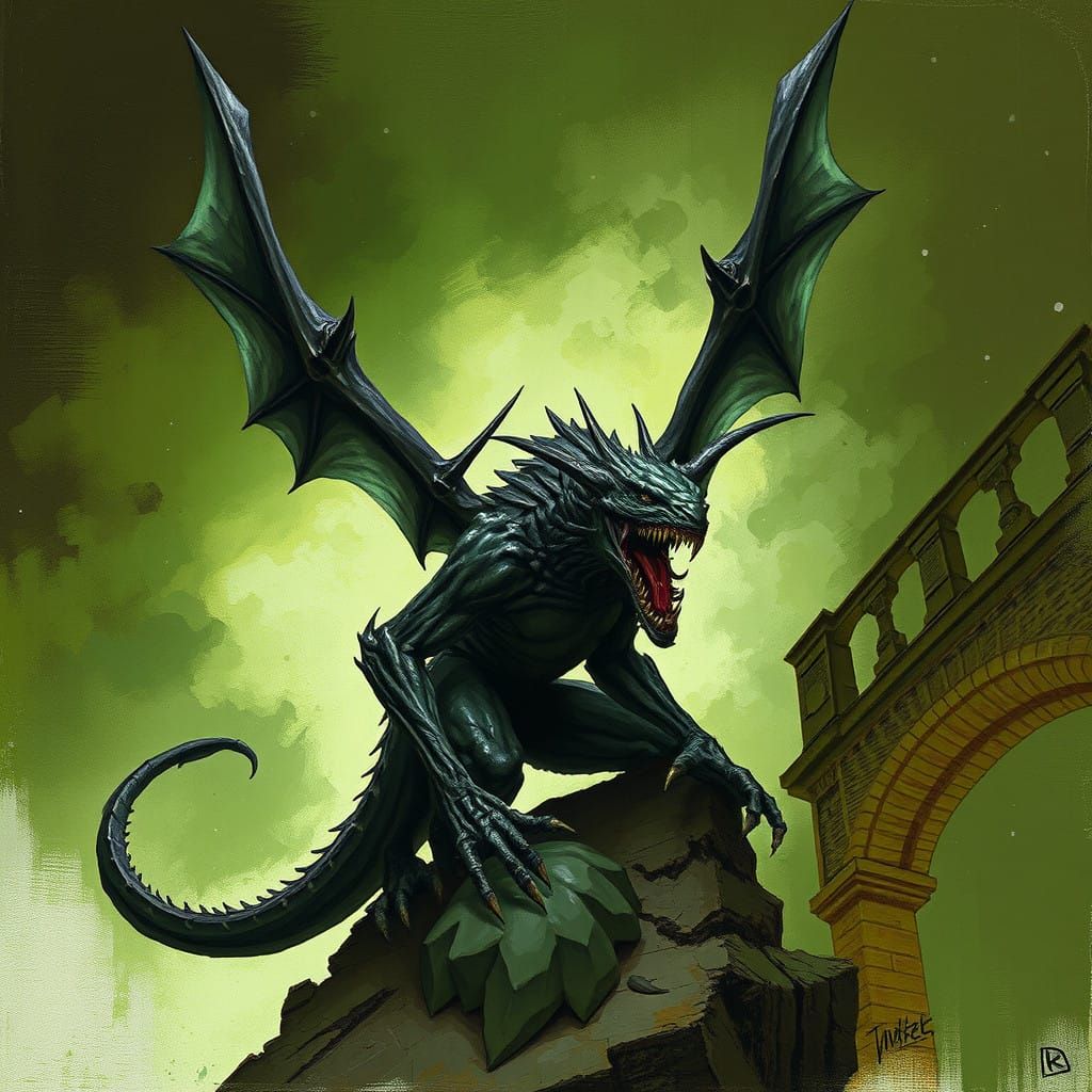 Cyberpunk Gargoyle Basilisk Illuminated in Dark Fantasy