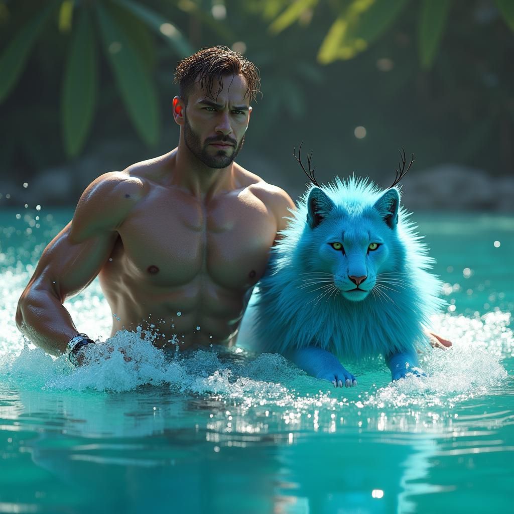 Man and Blue Cat Swimming in Turquoise Water