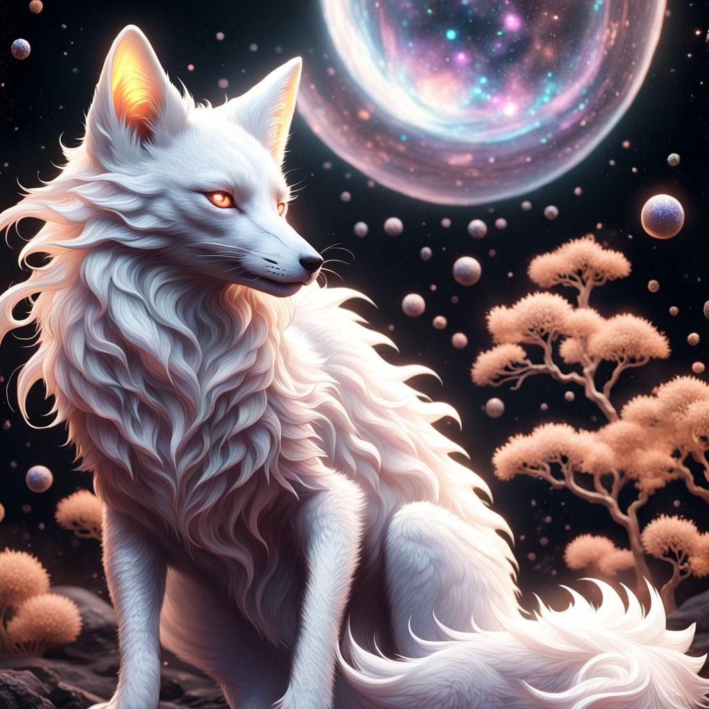 Ethereal Iridescent Albino Kitsune in Cosmic Dust