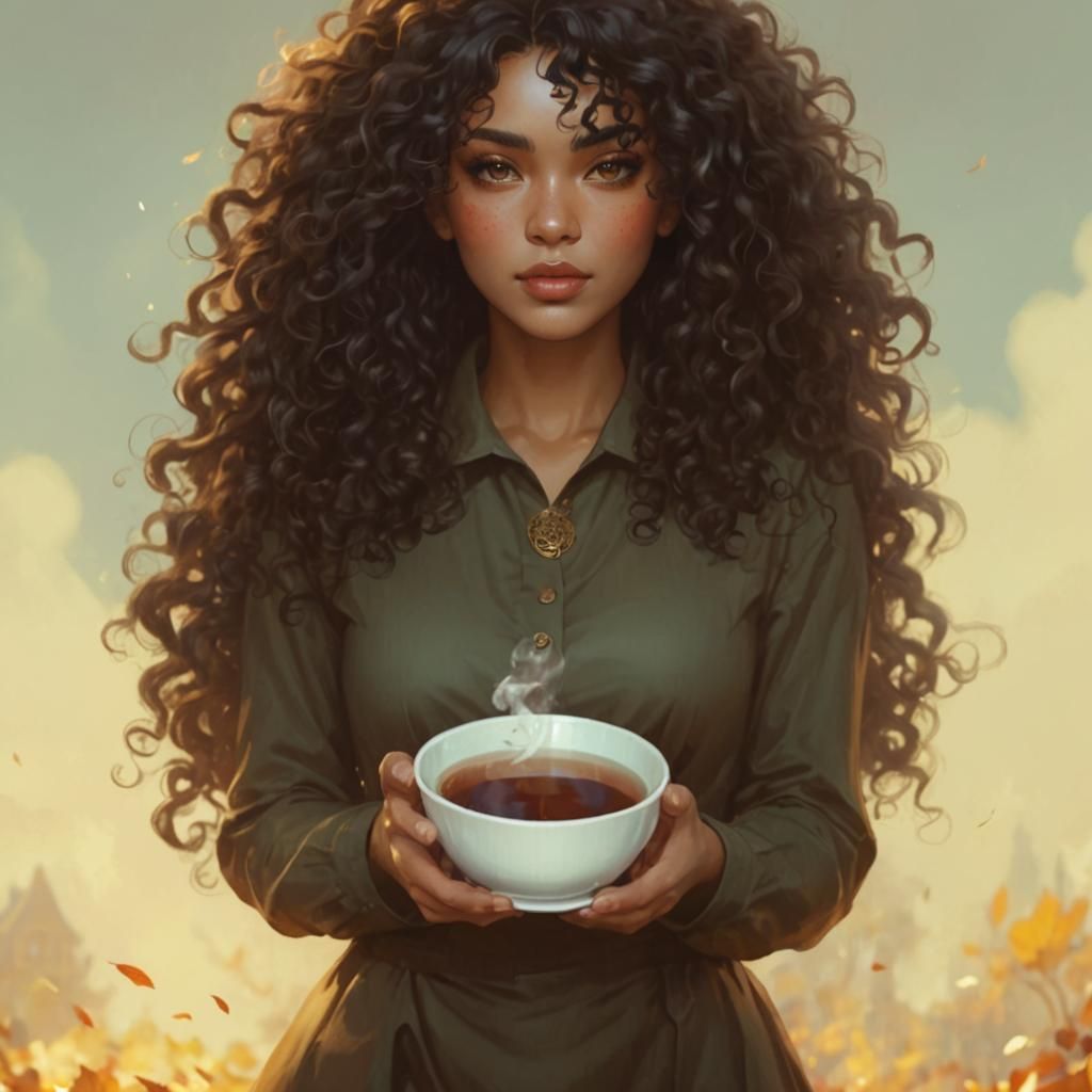 Black Curly Hair Girl with Hot Tea Portrait