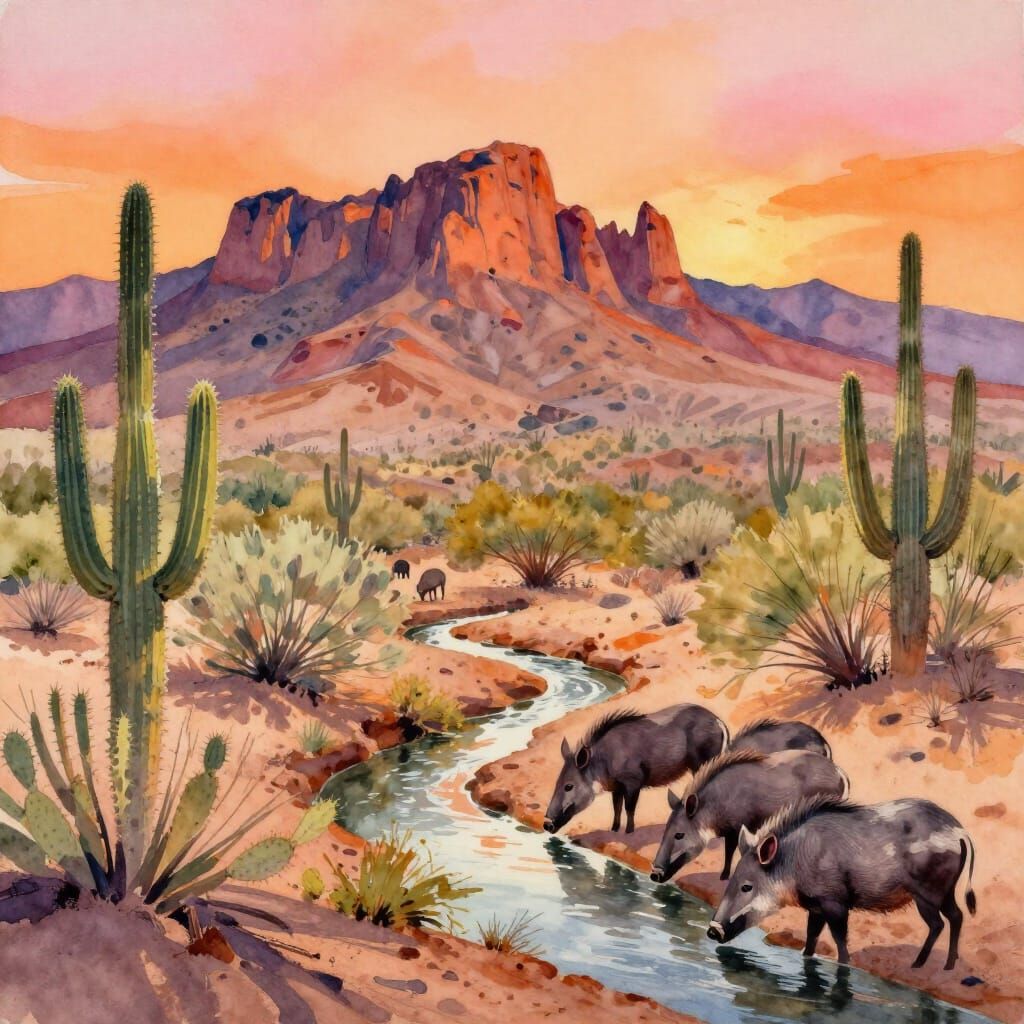 Golden Hour Desert Scene with Javelina in Watercolor