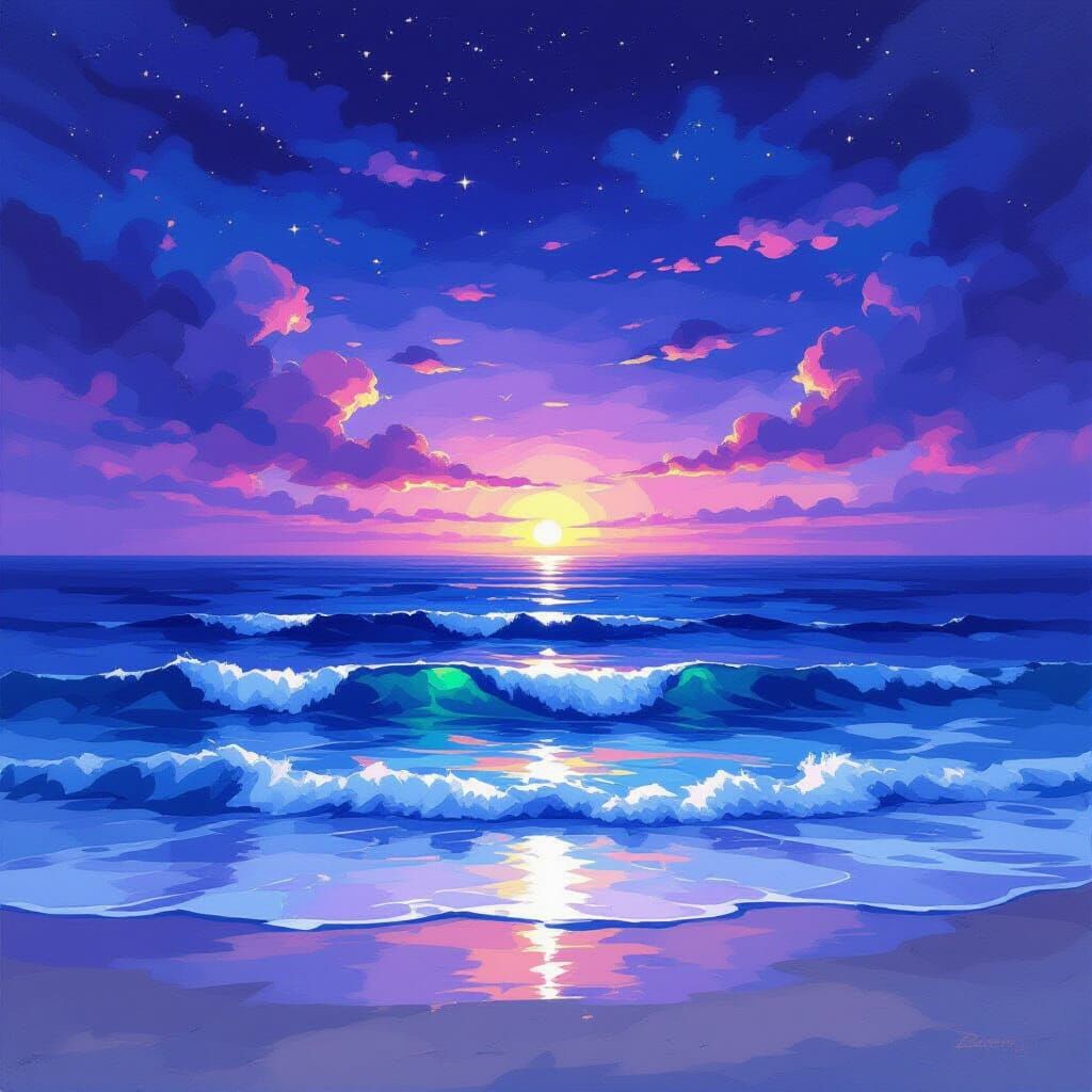 Ocean Under Purple Sky: Impasto Gouache Painting