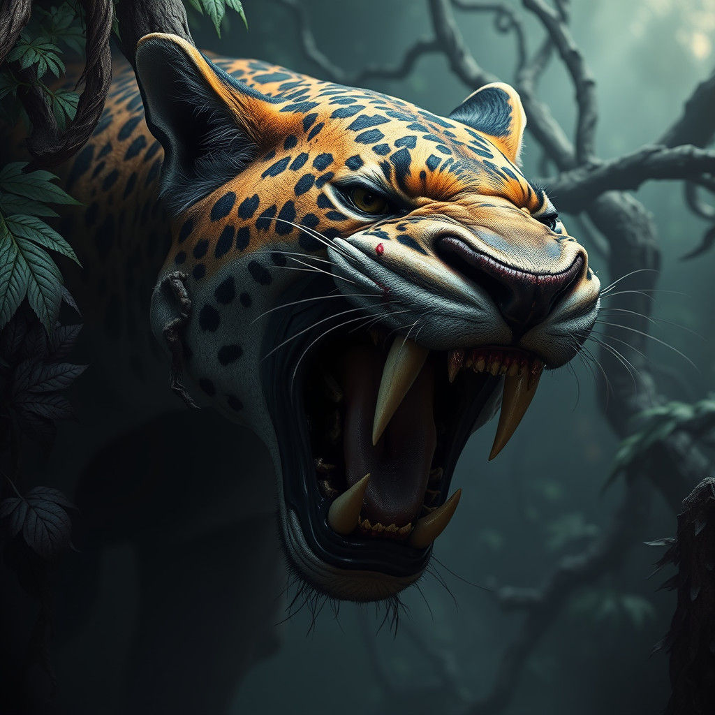 Horrific Jaguar Roar in Dark Fantasy Jungle