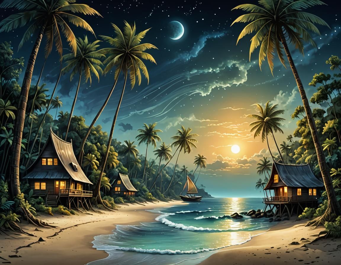 Night Beach Scene with Metallic Details