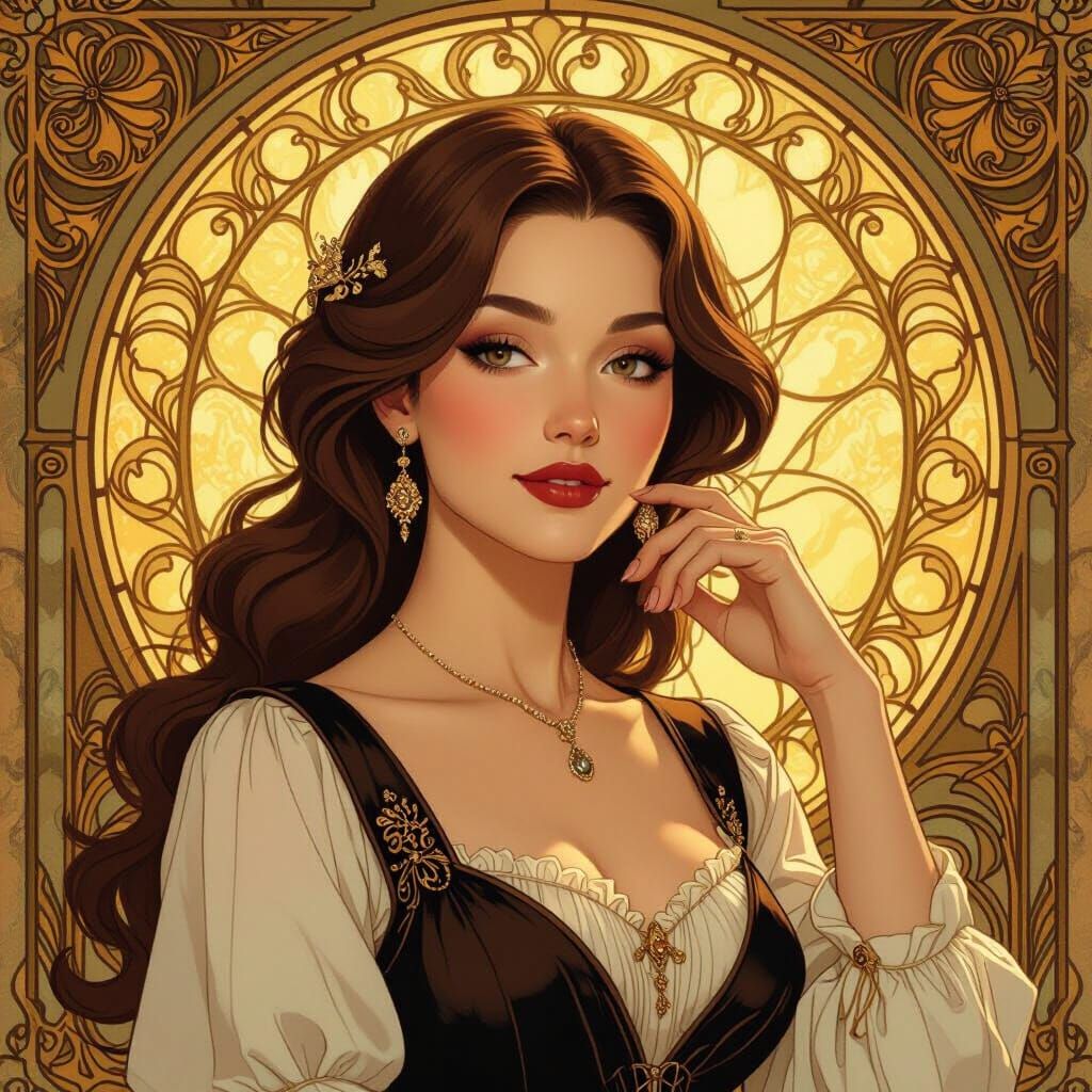 Woman in Muttonchops Posing in Art Nouveau Style